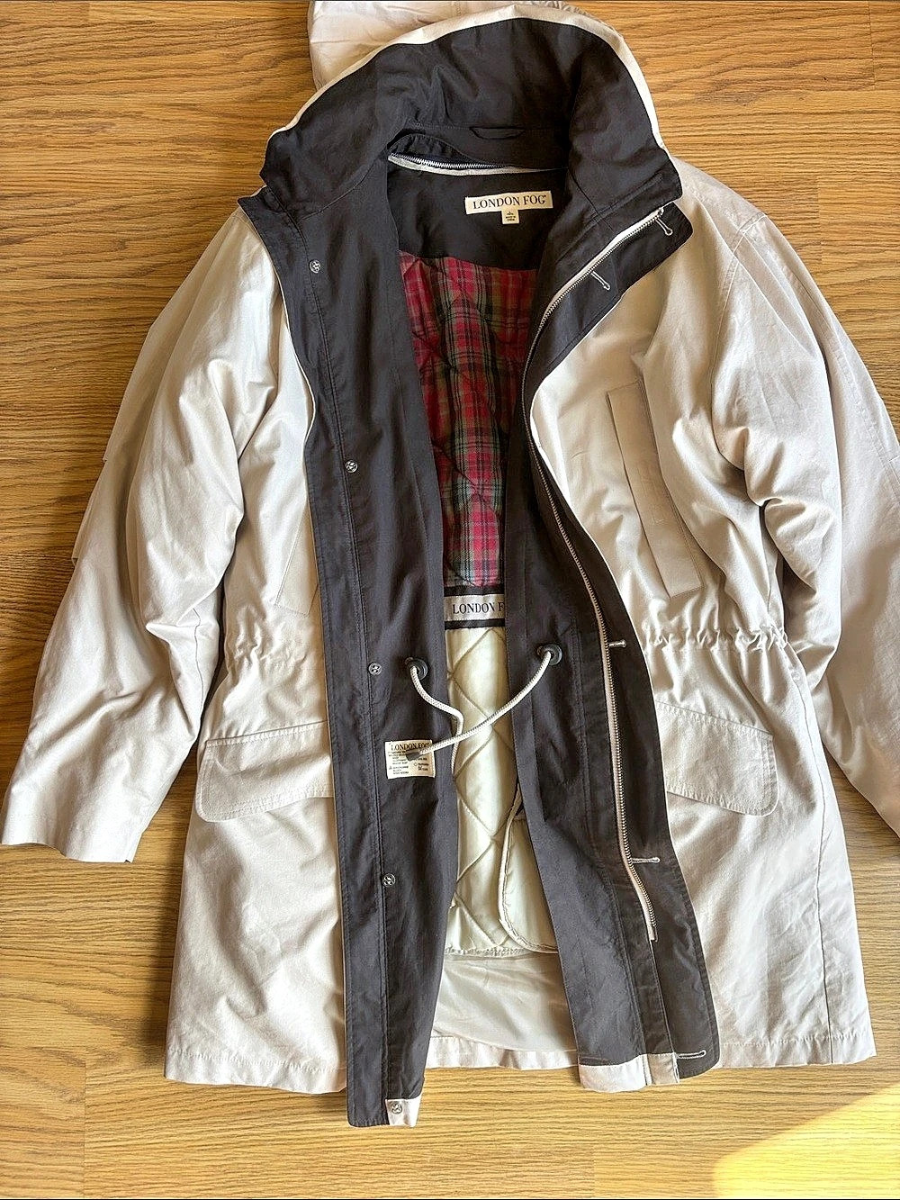London Fog Hooded Plaid-Lined Jacket in Beige & Black with Removable Lining